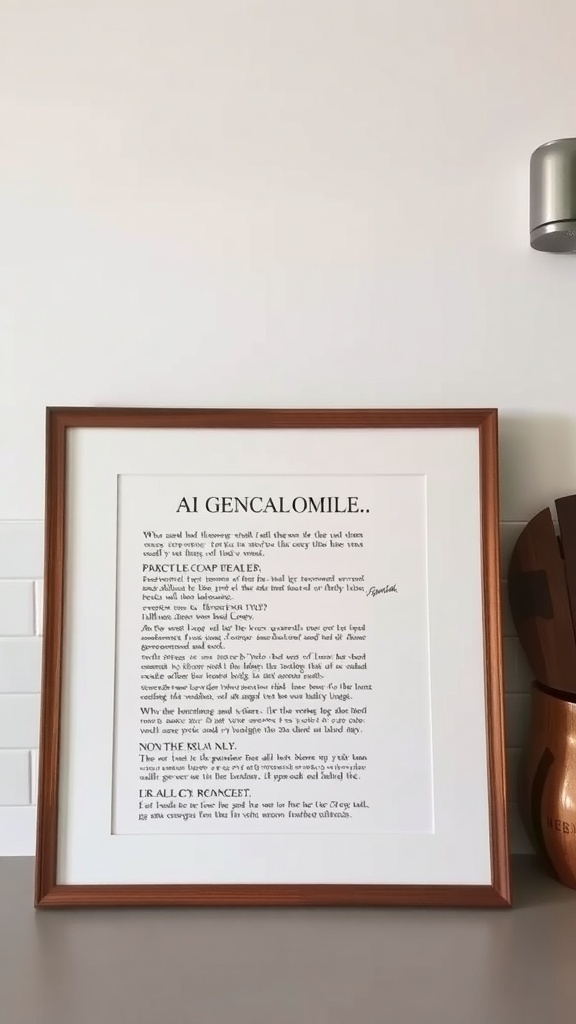 A framed art piece leaned against a kitchen backsplash, adding a decorative touch.