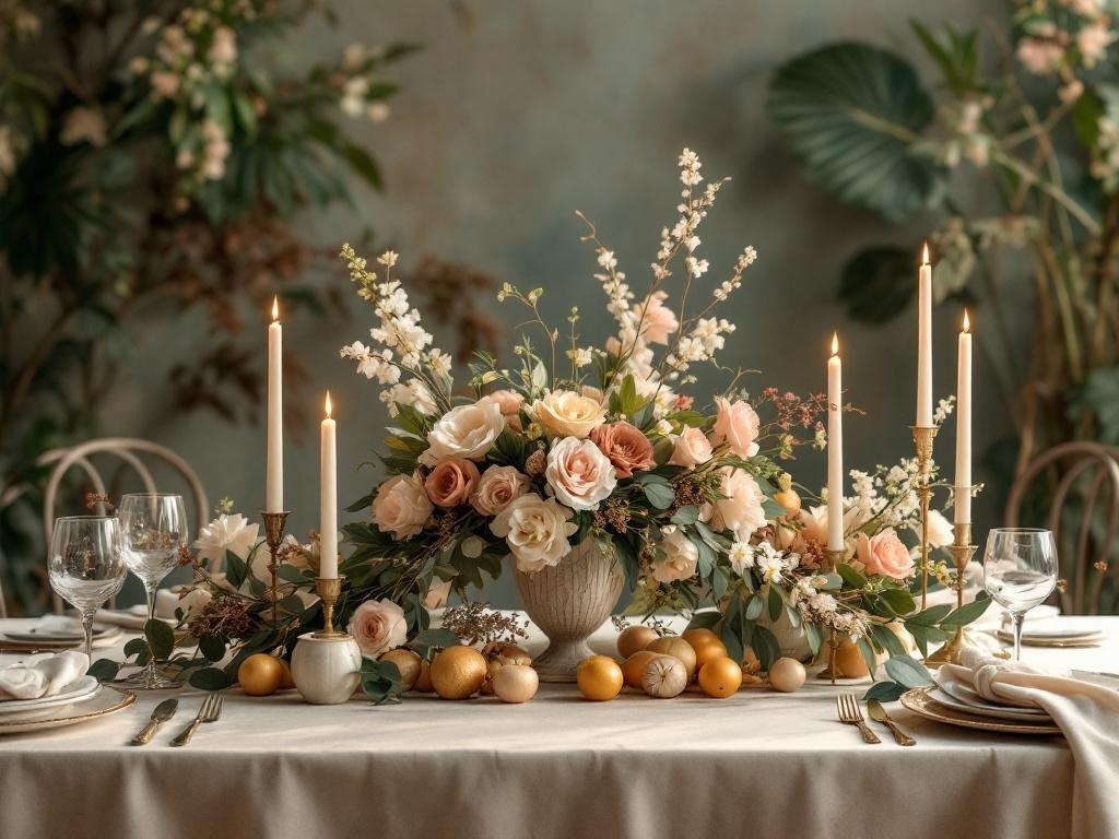 Art Nouveau-inspired table centerpiece featuring pastel roses, greenery, and candles