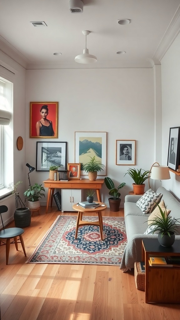 A cozy studio apartment with framed art on the walls, plants, and a comfortable sofa.