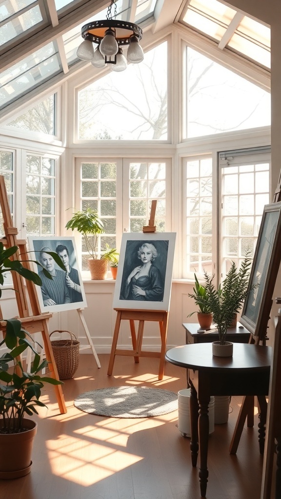 A bright sunroom art studio with easels, portraits, plants, and a wooden table.