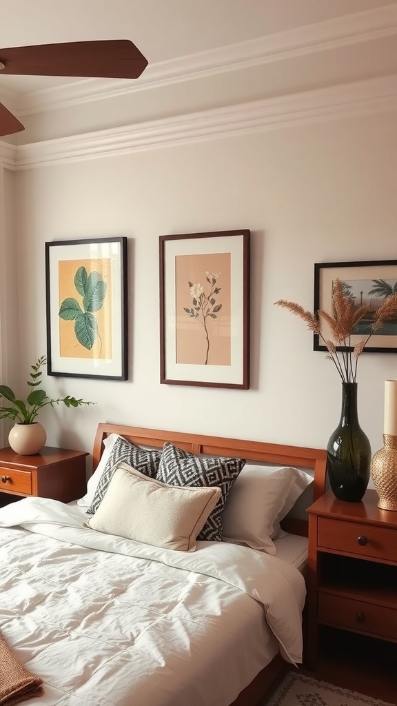 A cozy bedroom featuring a bed with stylish pillows, framed botanical art on the wall, and elegant accessories.