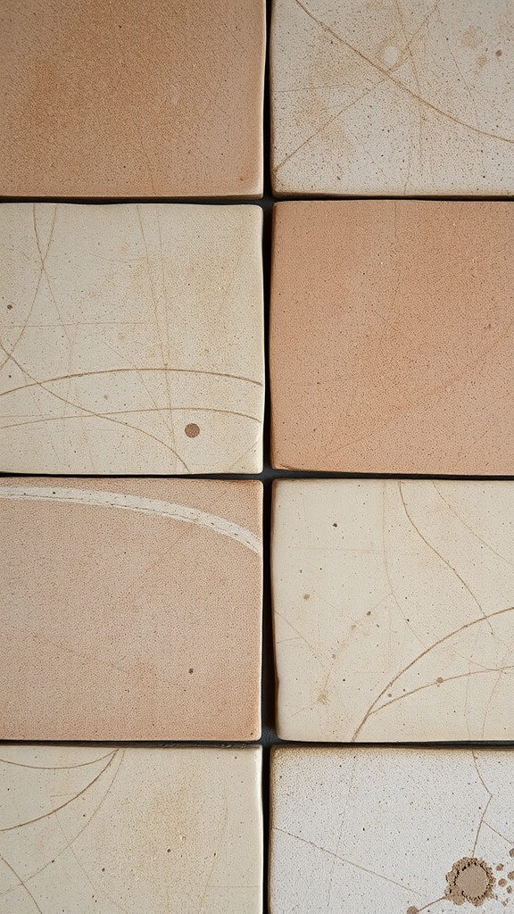 Close-up of textured tiles in muted peach and cream tones, showcasing imperfections.