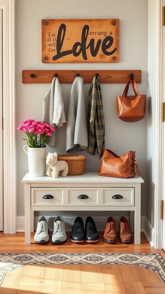 A stylish entryway with a shoe storage bench, hooks for jackets, a vase of flowers, and a decorative sign.