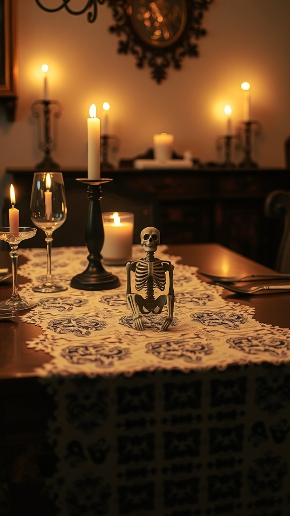 A small skeleton centerpiece on a lace table runner with candles in a dimly lit room.