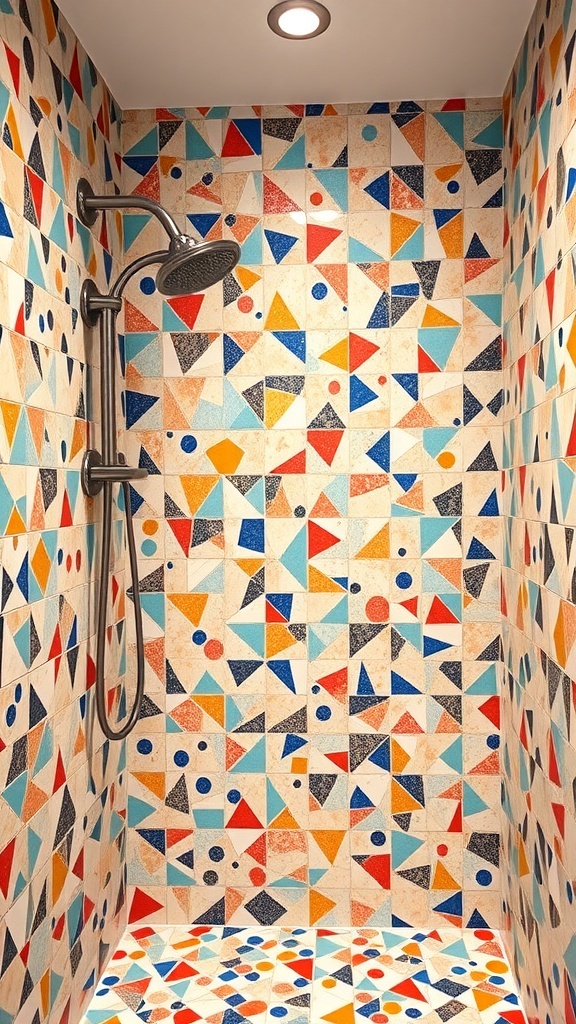 Colorful terrazzo tiles in a shower with geometric patterns