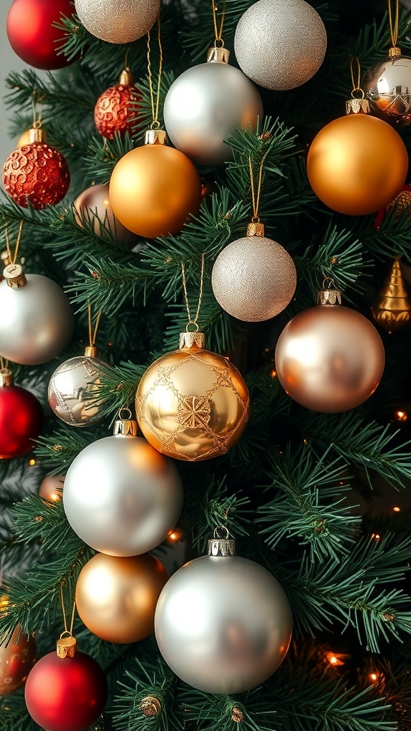 A beautifully decorated Christmas tree with gold, silver, and red ornaments.