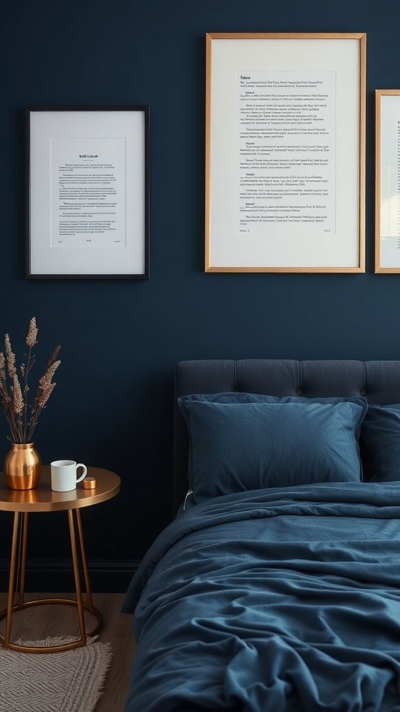 A navy blue bedroom featuring framed wall art, a cozy bed with navy bedding, and a stylish nightstand.