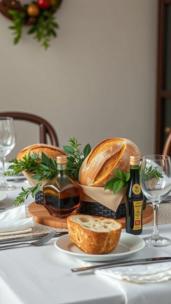 Artisan bread and olive oil displayed on a festive table with fresh herbs.