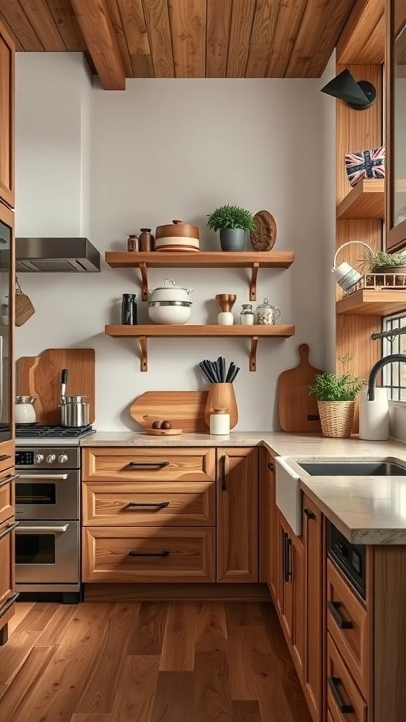 A cozy kitchen featuring artisan-crafted wood details, including wooden cabinets, shelves, and ceiling beams.
