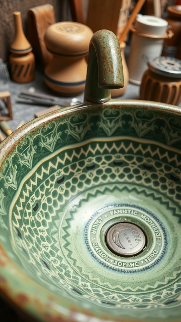 A handcrafted green ceramic sink with intricate patterns and an antique brass rim, placed on a rustic wood vanity.