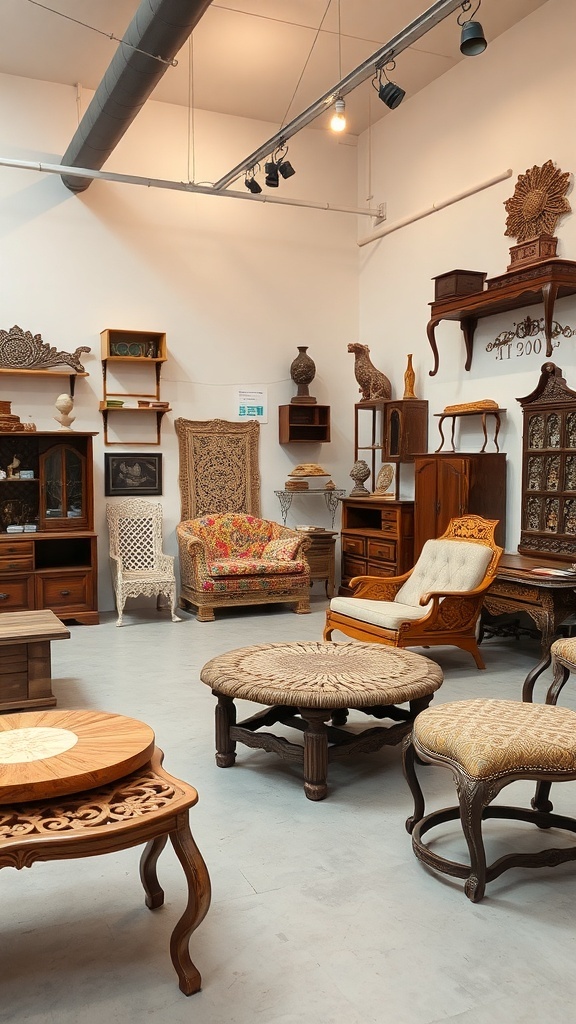 A collection of artisanal furniture showcasing unique craftsmanship in a bright, inviting space.