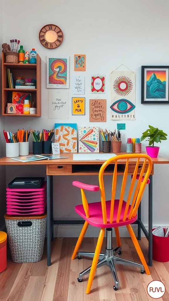 A colorful corner desk with art supplies, motivational quotes on the wall, and a vibrant chair.