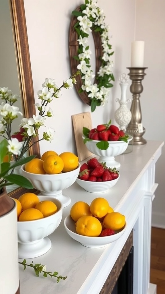 A spring mantel display featuring white bowls filled with lemons and strawberries, surrounded by floral decorations and a mirror.
