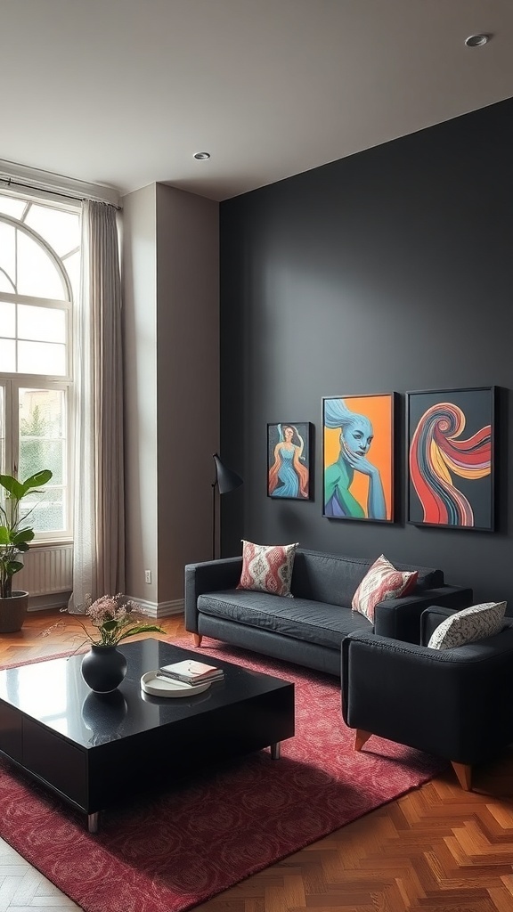 A stylish living room featuring black furniture, colorful artwork, and decorative plants.