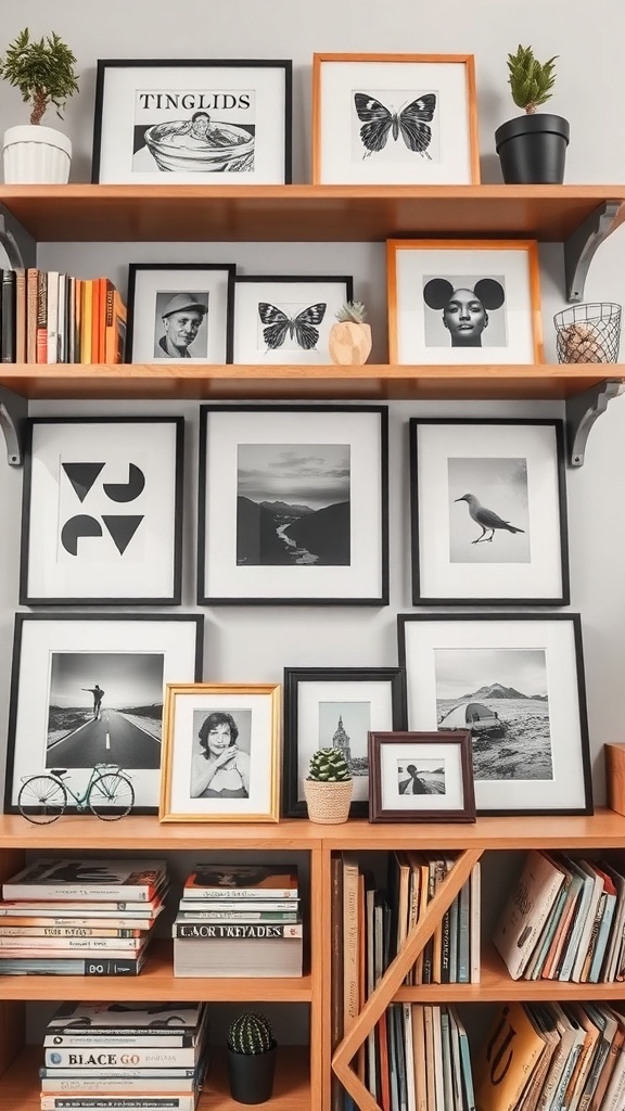 A stylish shelf display featuring a variety of framed prints, books, and decorative items.