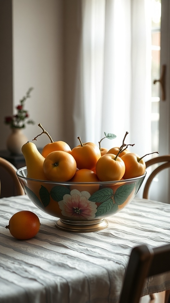 A decorative fruit bowl filled with oranges and pears on a dining table.