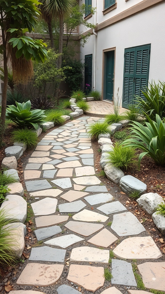 A winding stone pathway surrounded by lush greenery in a courtyard garden.