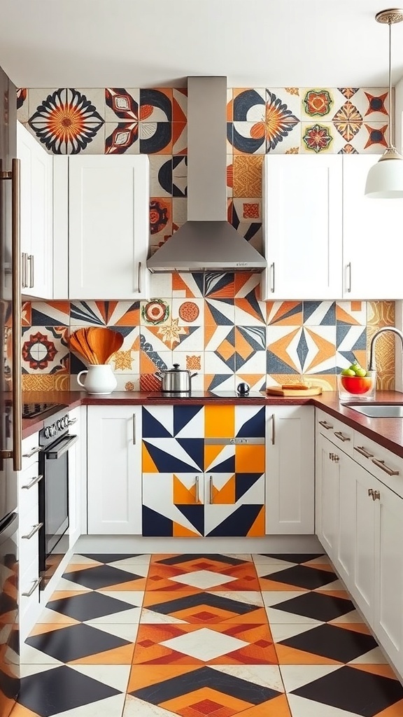 A kitchen with a colorful geometric tile backsplash featuring various patterns in orange, navy, and white.