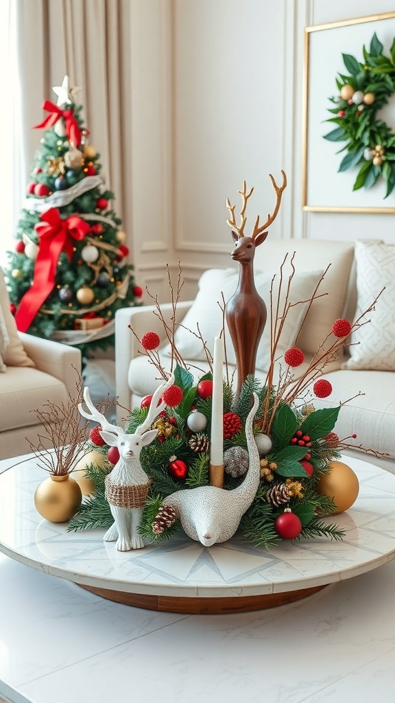 Artistic holiday centerpiece featuring reindeer figurines, greenery, and ornaments on a coffee table