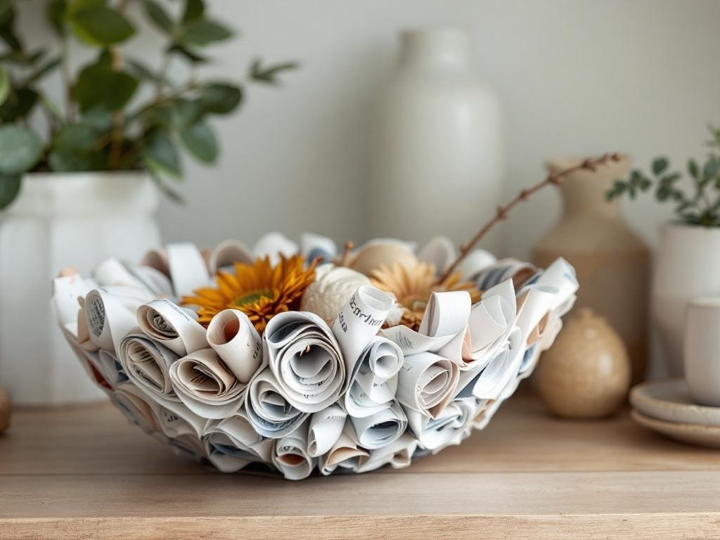 A decorative bowl made from rolled magazine pages, featuring colorful patterns and flowers inside.