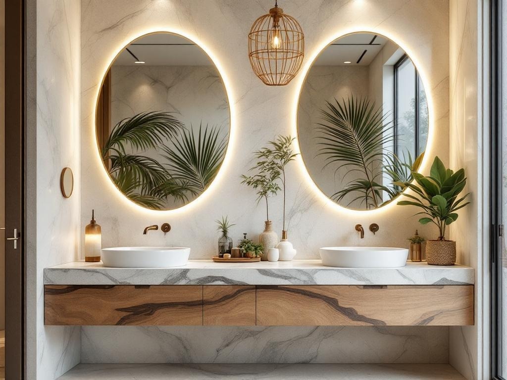 Modern tropical bathroom featuring artistic oval mirrors with soft lighting, a floating vanity, and lush greenery.