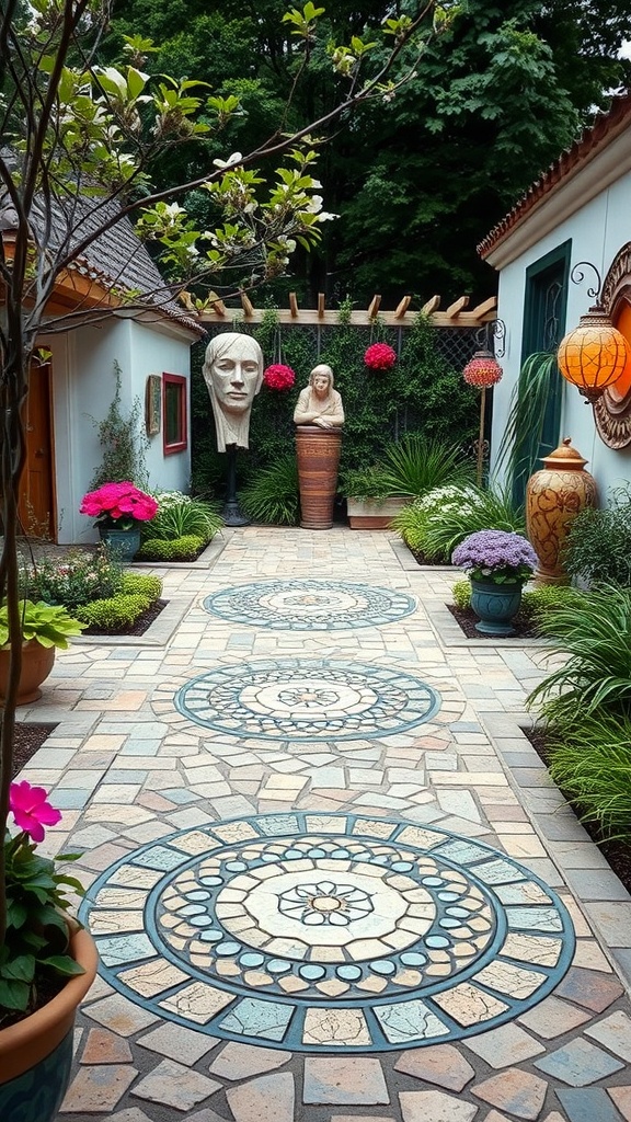 A beautifully designed stone patio featuring artistic mosaic patterns, surrounded by colorful flowers and sculptures.