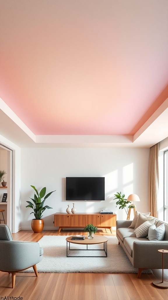 A modern living room featuring a soft blush to white gradient ceiling, with stylish furniture and plants.