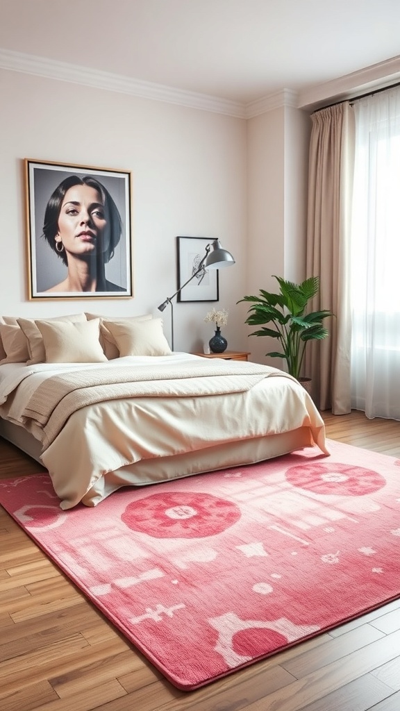 A stylish bedroom featuring a pink area rug with abstract designs, a bed with neutral bedding, and a modern art piece on the wall.