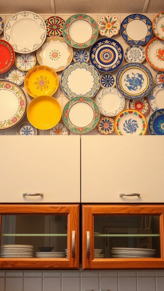 A colorful display of decorative plates arranged on a wall above kitchen cabinets.