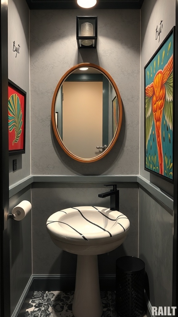A stylish powder room featuring an artistic sink with black lines on a white surface, surrounded by colorful artwork and a round mirror.