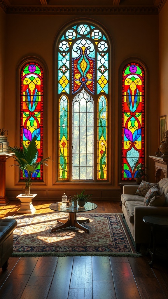 Colorful stained glass partitions in a living room
