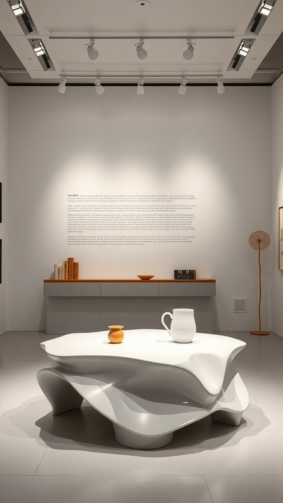 A unique white coffee table with a sculptural design, set in a minimalist space with a pitcher and vase on top.