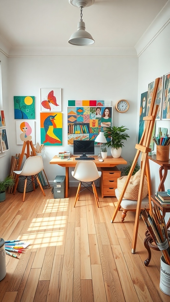 A bright and colorful artistic studio home office with easels, artwork on the walls, and a cozy desk setup.
