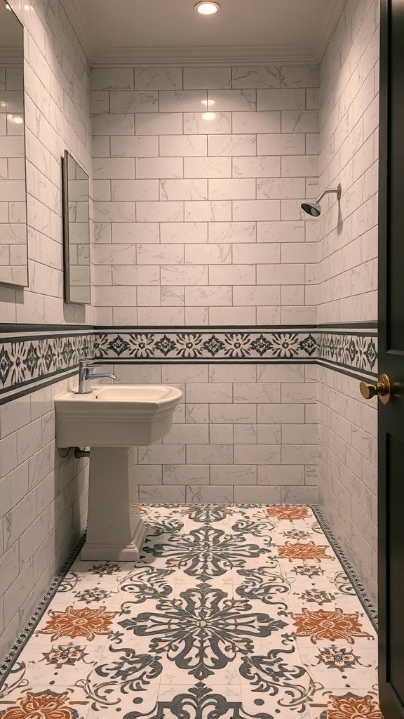 A luxury bathroom featuring artistic tile patterns on the floor and walls.