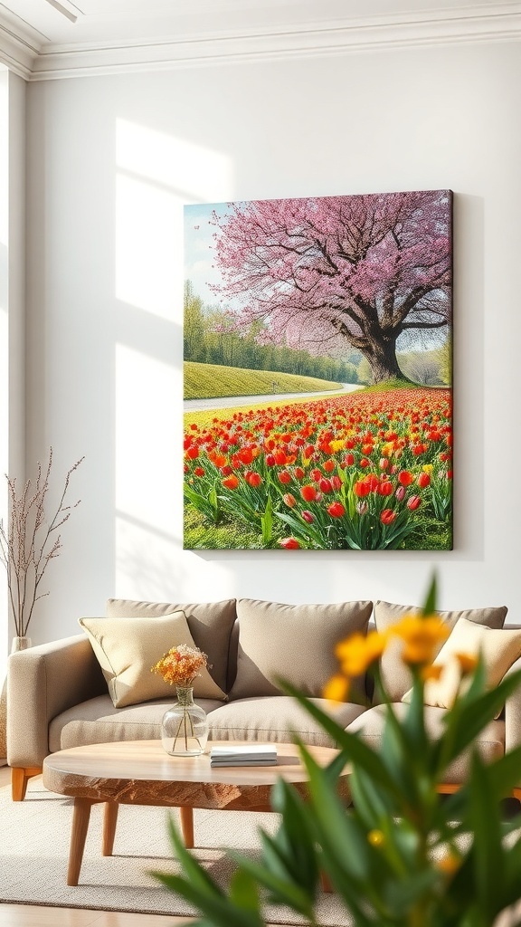 A vibrant wall art piece featuring a pink blossomed tree and colorful tulips in a bright room.