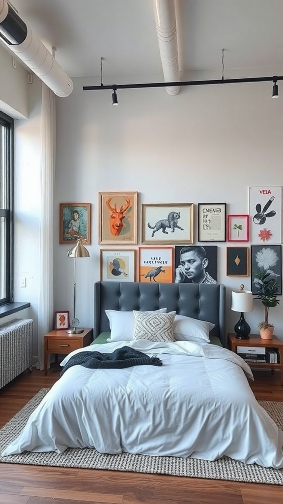 A stylish loft bedroom featuring an artistic wall decor with various framed artworks.