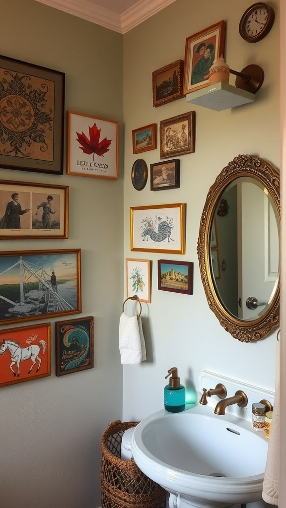 A cozy bathroom wall decorated with various framed artworks, a round mirror, and a woven basket.