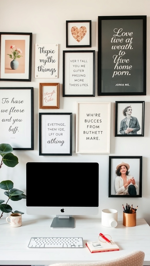 A stylish home office wall gallery featuring various framed artworks and quotes.