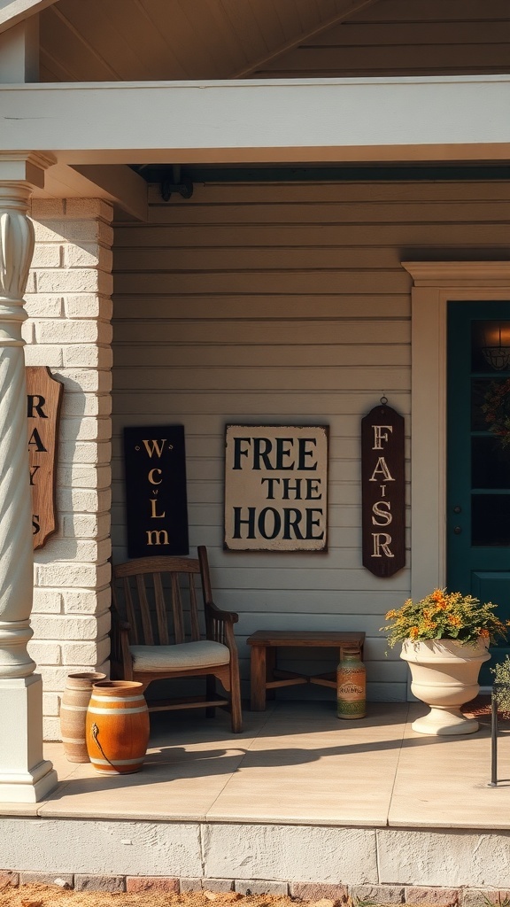 Artistic wall hangings on a front porch, featuring wooden signs with welcoming phrases.