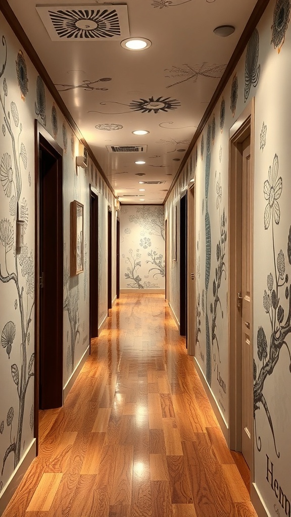 A hallway with artistic wall treatments featuring floral designs and wooden flooring.