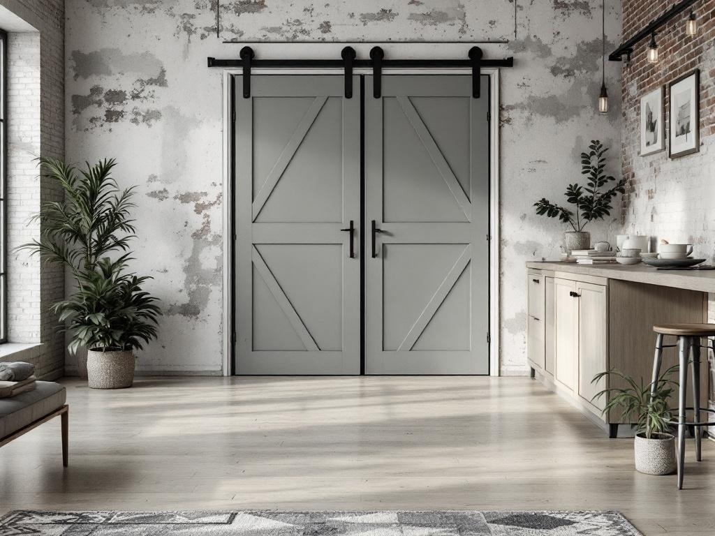 A stylish barn door with an ash gray stain in a modern interior setting.