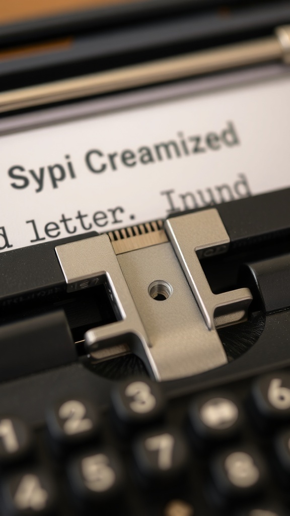 Close-up of a typewriter mechanism, showcasing the inner workings.
