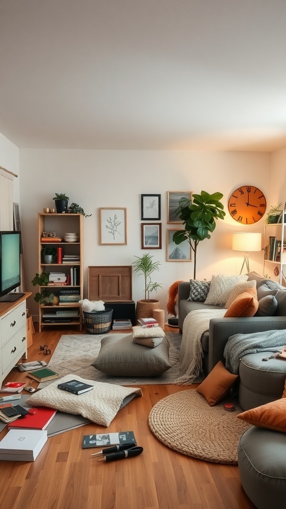 A cozy living room with various items scattered around, showcasing the need for better storage solutions.