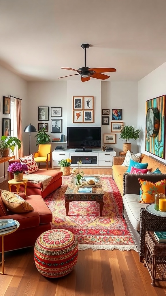 A vibrant living room with asymmetrical furniture layout, featuring a red sofa, colorful cushions, and a gallery wall.