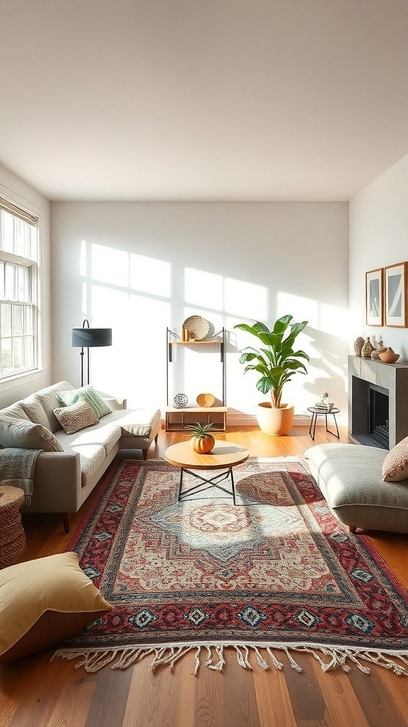 A cozy living room featuring an asymmetrically placed rug, showcasing a relaxed layout with comfortable furniture and warm decor.