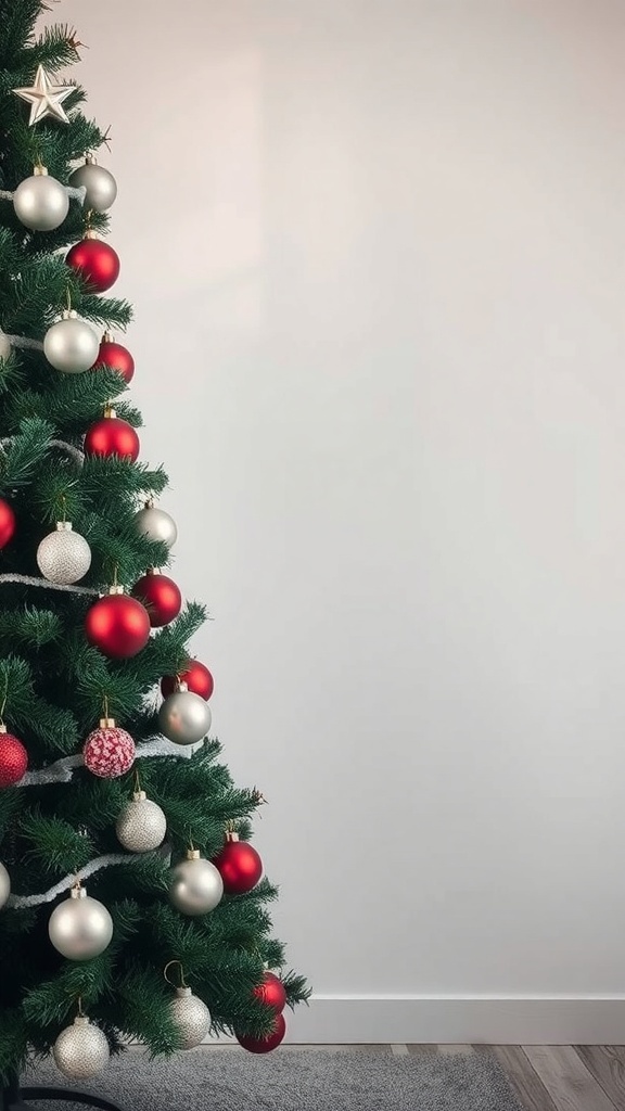 A Christmas tree decorated with red and silver ornaments, styled asymmetrically.