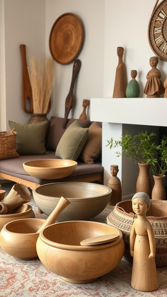 A collection of wooden bowls, figurines, and woven baskets arranged in a cozy living room setting.