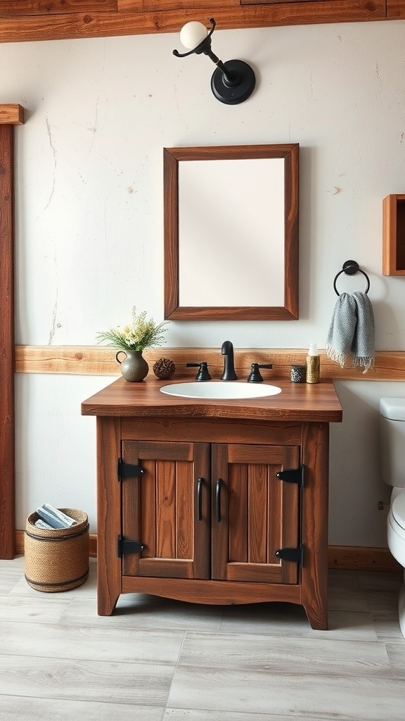 Rustic wood vanity with black hardware and a white sink in a bathroom setting.