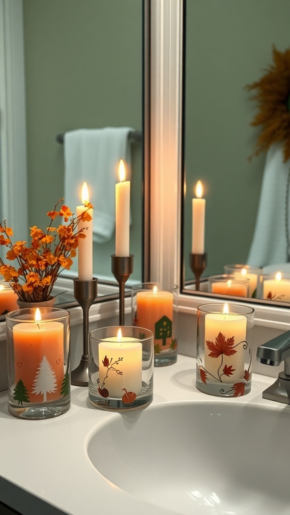 A display of autumn-scented candles in a bathroom, featuring various designs and a cozy atmosphere.