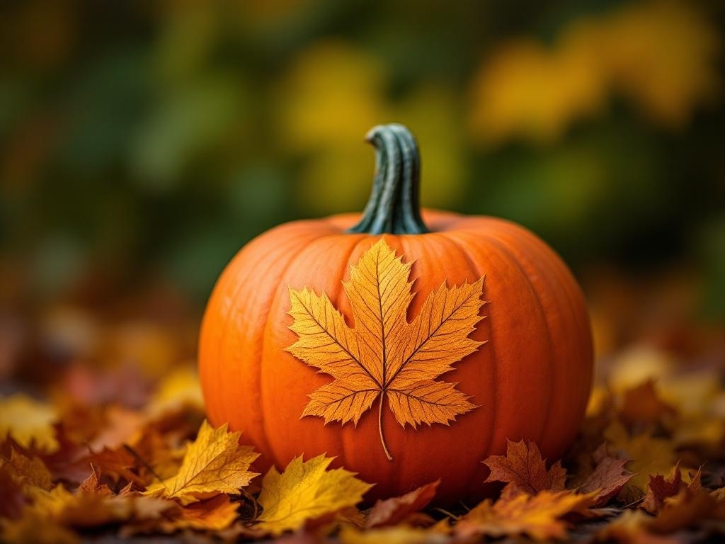 A pumpkin carved with an autumn leaf design, surrounded by colorful autumn leaves.